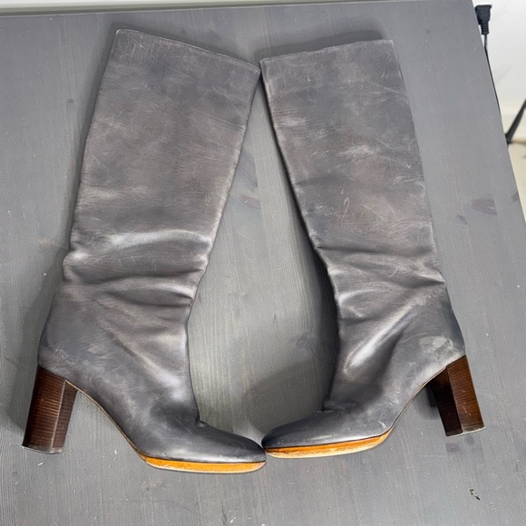 Chloe Gray Leather Wooden Heel Tall Boots - Picture 2 of 10